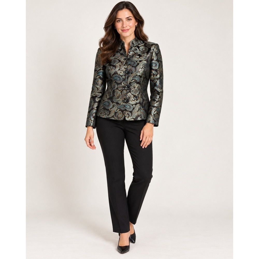 Y2K Teal Gold Brocade Paisley Mandarin Military Style Jacket S